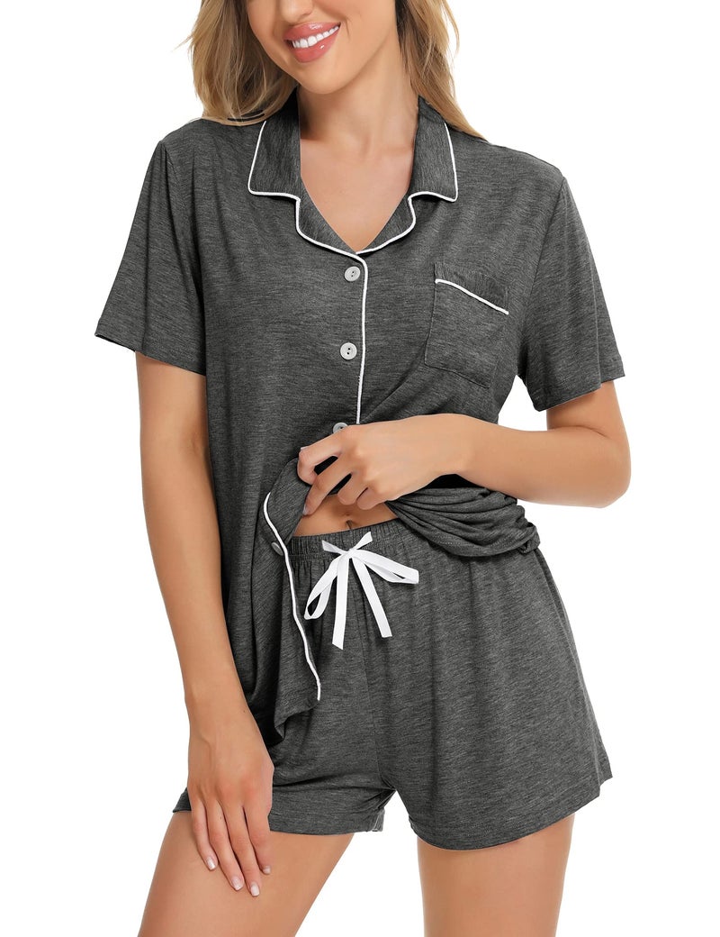 SWOMOG Womens Button Down Pajamas Set Short Sleeve Sleepwear Bride Soft Pj Lounge Sets XS-3XL Deep Grey XX-Large - Image 1